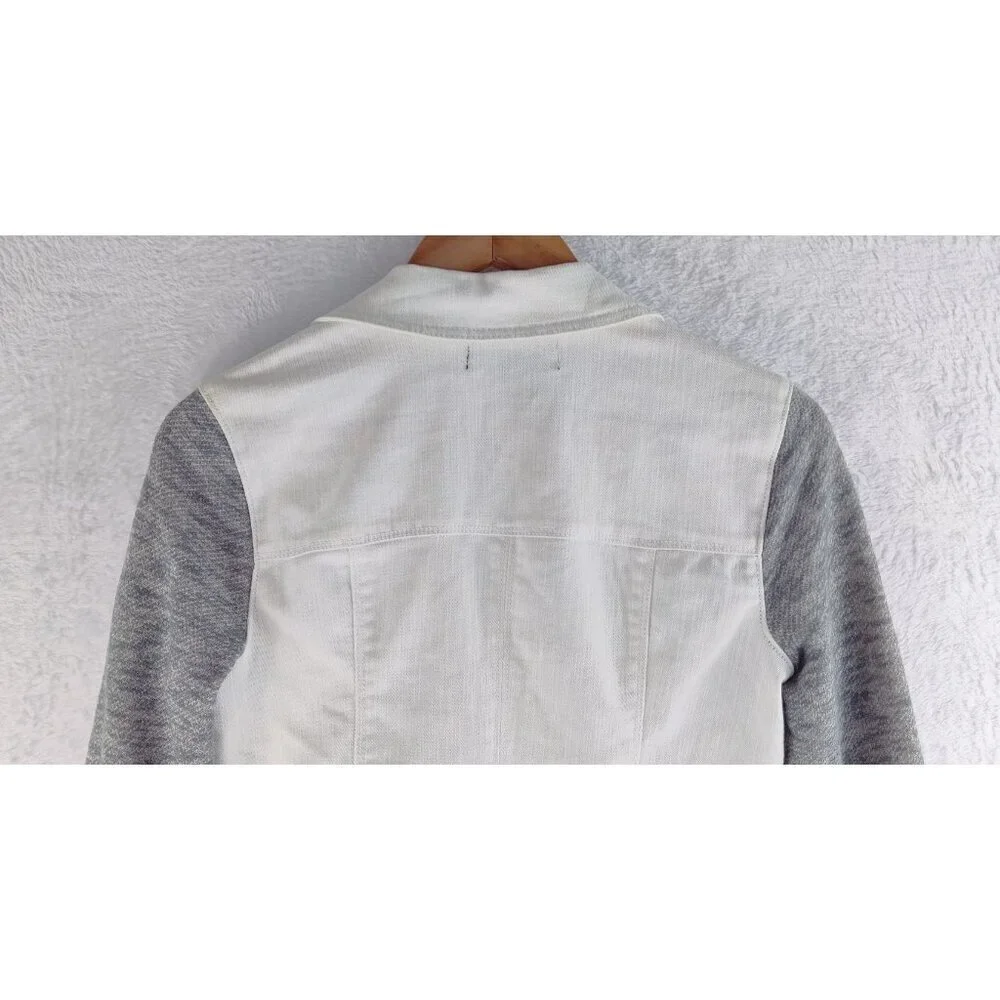 Jean Jacket by Tinseltown Denim Couture White Gray Sleeves Distressed High-Low S